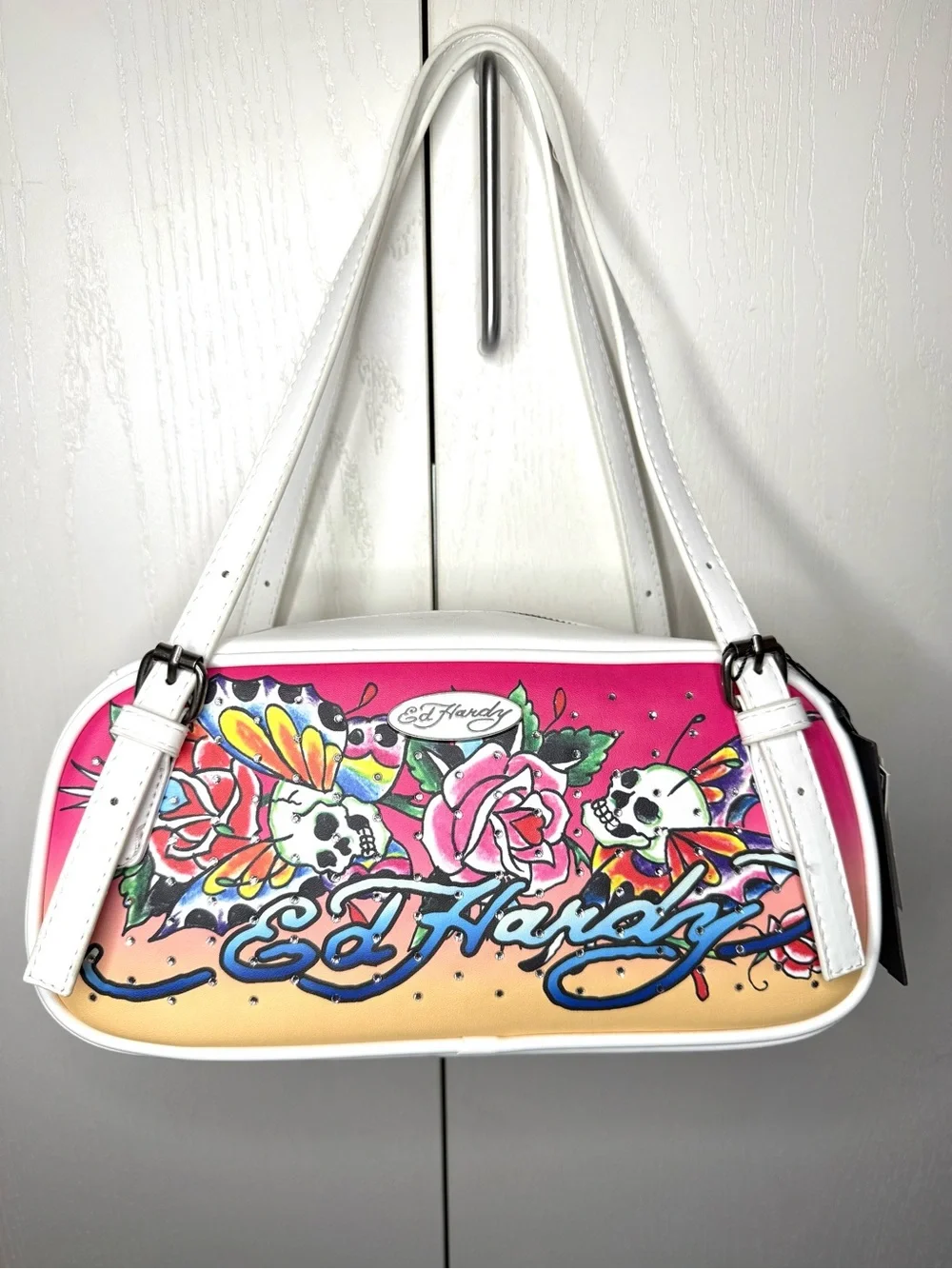 Ed Hardy Pink & White Multicolored Floral Skull Bowler Shoulder Bag NWT